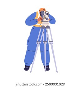 Surveyor with theodolite, total station, measuring distance and angle for construction. Surveying engineer with geodesy equipment on tripod. Flat vector illustration isolated on white background