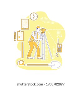 Surveyor thin line concept vector illustration. Geodesist, man with optical level 2D cartoon character for web design. Geodesy, construction area exploration and leveling creative idea