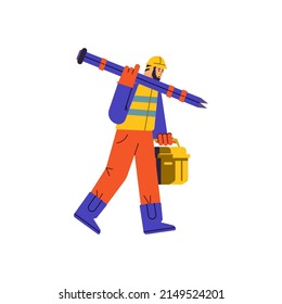 Surveyor with toolbox and folded tripod go to do measuring geodetic works flat style, vector illustration isolated on white background. Man character in special suit and helmet, geodesy concept