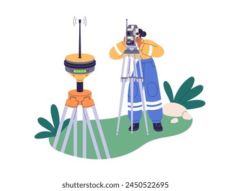 Surveyor with total station theodolite and GPS receiver to determine position. Geodesy worker works with surveying tool, device for measurement. Flat vector illustration isolated on white background
