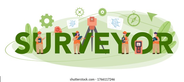 Surveyor typographic header concept. Land surveying technology. Engineering and topography equipment. People with compass andmap. Vector illustration in cartoon style