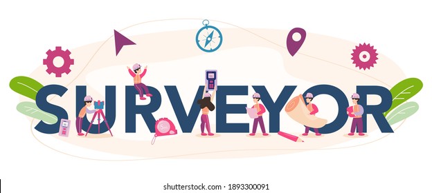 Surveyor typographic header. Geodesy science , land surveying technology. Engineering and topography equipment. People with compass and map. Vector illustration in cartoon style