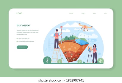 Banner web o página de aterrizaje de la agencia de encuestas. Tecnología de topografía terrestre, ciencia de la geodesia. Equipo de ingeniería y topografía. Personas con brújula, mapas y equipo topográfico. Ilustración plana del vector