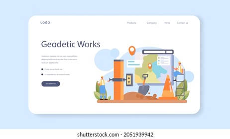 Surveyor web banner or landing page. Land surveying technology, geodesy science. Construction business, mapmaking and real estate project. Topographic equipment. Flat vector illustration