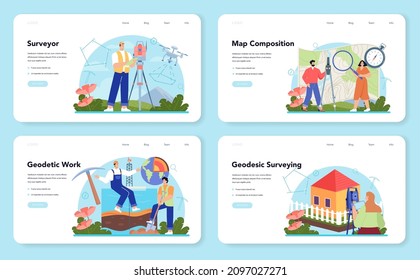 Surveyor web banner or landing page. Land surveying technology, geodesy science. Construction business, mapmaking and real estate project. Flat vector illustration