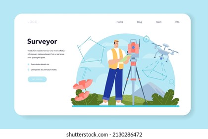 Surveyor web banner or landing page. Land surveying technology, geodesy science. Construction business, mapmaking and real estate project. Flat vector illustration