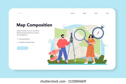 Surveyor Web Banner Or Landing Page. Land Surveying Technology, Geodesy Science. Construction Business, Mapmaking And Real Estate Project. Flat Vector Illustration