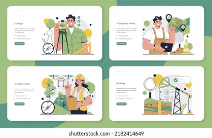 Surveyor Web Banner Or Landing Page Set. Land Surveying Technology, Geodetic Work. Construction Business, Mapmaking And Real Estate Project. Geodesy Topographic Equipment. Flat Vector Illustration