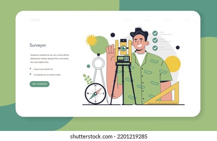 Surveyor web banner or landing page. Land surveying technology, geodetic work. Construction business, mapmaking and real estate project. Geodesy topographic equipment. Flat vector illustration