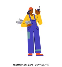 Surveyor woman character with blueprints and walkie talkie flat style, vector illustration isolated on white background. Girl in overalls and helmet talking by radio, geodesy concept