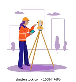 Surveyor woman working with theodolite outdoor on the background trees and city. Engineer girl with surveyor equipment. Smiling worker cartoon flat character. Vector illustration isolated on white.