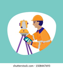 Surveyor working with theodolite outdoor. Engineer with surveyor equipment. Smiling worker cartoon flat character. Vector illustration isolated on white with blue background.