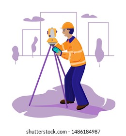 Surveyor working with theodolite outdoor on the background trees and city. Engineer with surveyor equipment. Smiling worker cartoon flat character. Vector illustration isolated on white.