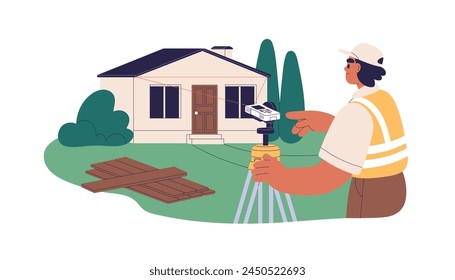 Surveyor works with laser level tool for measurement. Surveying engineer checking building, construction with measuring device, equipment. Flat vector illustration isolated on white background