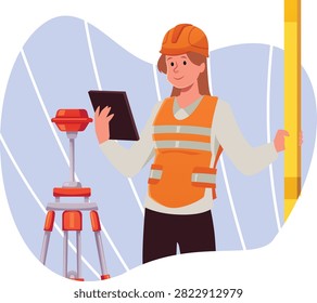Surveyors civil engineer woman using measuring equipment level theodolite on tripod and leveling rod. Geodesy worker with topographic tools. Construction measuring flat vector isolated in frame