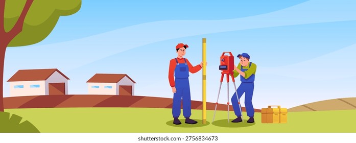 Surveyors civil engineers using measuring equipment theodolite on tripod and leveling rod. Geodesy workers with topographic survey tools. Construction measuring on the land vector flat illustration