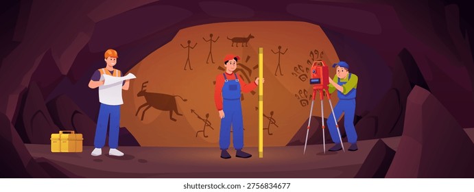 Surveyors civil engineers using measuring equipment, map, theodolite on tripod and leveling rod in the ancient cave. Geodesy workers with topographic survey tools. Construction measuring flat vector