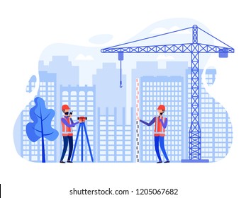 Surveyors conduct surveying at the construction site using the total station, theodolite, measuring instruments. Vector flat illustration.