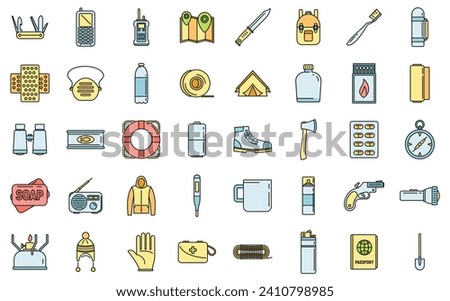 Survival activity icons set. Outline set of survival activity vector icons thin line color flat on white