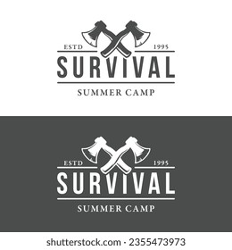 survival adventure ax logo with vintage hipster campfire for camping, adventure and labels.