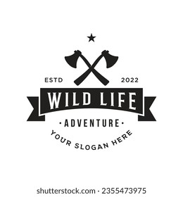 survival adventure ax logo with vintage hipster campfire for camping, adventure and labels.