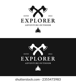 survival adventure ax logo with vintage hipster campfire for camping, adventure and labels.