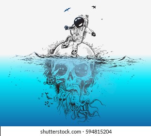 Survival Astronaut  sitting on underwater skull, poster design . vector Illustration