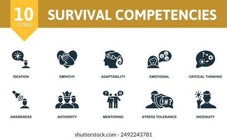 Survival Competencies icon set. Ideation, Empathy, Adaptability, Emotional, Critical Thinking, Awareness, Authority, Mentoring, Stress Tolerance, Ingenuity icons.