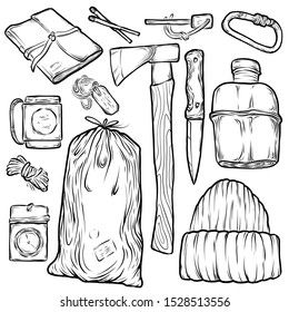 Survival emergency kit for evacuation, vector sketch objects set on white background