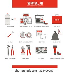 Survival Emergency Kit For Evacuation, Vector Objects Set On White Background