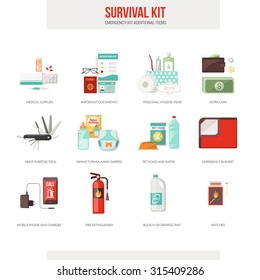 Survival emergency kit for evacuation, vector objects set on white background