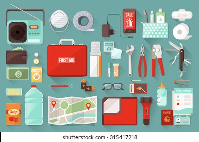 Survival emergency kit for evacuation, vector objects set on white background