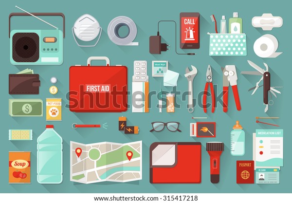 Survival emergency kit for evacuation, vector\
objects set on white\
background