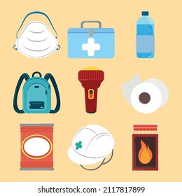 survival emergency kit icon set