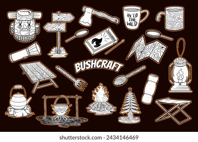 
Survival equipment bushcraft hiking and camping items vector illustration