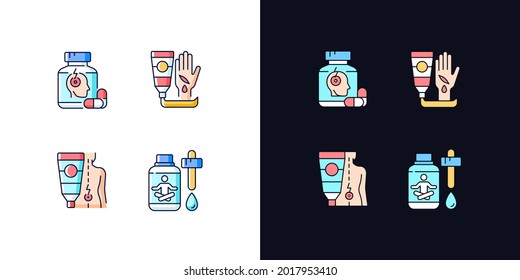 Survival first aid kit light and dark theme RGB color icons set. Pills for headache. Healing ointment for cuts. Isolated vector illustrations on white and black space. Simple filled line drawings pack