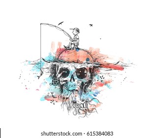 Survival fisherman sitting on Underwater skull, hunting for fish - Pirate Design poster. vector Illustration