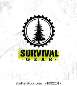 Survival Gear Outdoor Adventure Creative Rough Design Element. Vector Sign Concept On Distressed Wall Background