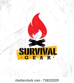 Survival Gear Outdoor Adventure Creative Rough Design Element. Vector Sign Concept On Distressed Wall Background