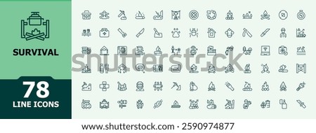 Survival icon pack. Contains linear outline icons like rescue, weapon, water, kit, camp and more. Thin UI icon design. Outline icons collection. Minimalist editable vector stroke.