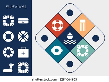  survival icon set. 13 filled survival icons. Simple modern icons about  - Float, Rubber ring, Lifesaver, Lifebuoy, Emergency kit, Lifeguard