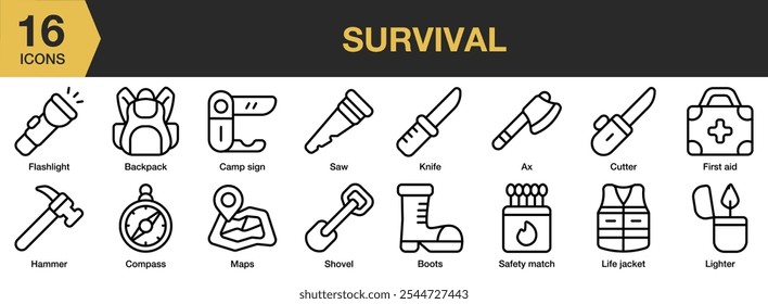 Conjunto de iconos de supervivencia. Incluye supervivencia, linterna, sierra, cuchillo, hacha, mapas, brújula, martillo y más. Colección de Vector de iconos de contorno.