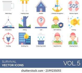 Survival Icons including Apocalypse, Avalanche, Backpack, Beanie, Bear, Binoculars, Bonfire, Building Fire, Campground, Carabiner, Celestial Navigation, Cell Phone, Collecting Water, Compass, Desert