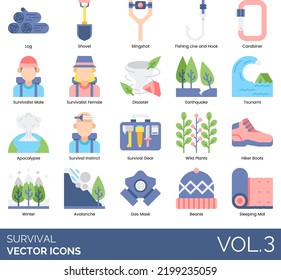 Survival Icons including Apocalypse, Avalanche, Backpack, Beanie, Bear, Binoculars, Bonfire, Building Fire, Campground, Carabiner, Celestial Navigation, Cell Phone, Collecting Water, Compass, Desert