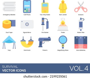 Survival Icons including Apocalypse, Avalanche, Backpack, Beanie, Bear, Binoculars, Bonfire, Building Fire, Campground, Carabiner, Celestial Navigation, Cell Phone, Collecting Water, Compass, Desert