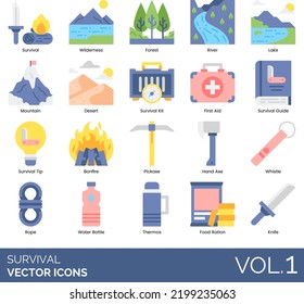 Survival Icons including Apocalypse, Avalanche, Backpack, Beanie, Bear, Binoculars, Bonfire, Building Fire, Campground, Carabiner, Celestial Navigation, Cell Phone, Collecting Water, Compass, Desert