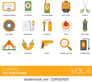 Survival Icons including Apocalypse, Avalanche, Backpack, Beanie, Bear, Binoculars, Bonfire, Building Fire, Campground, Carabiner, Celestial Navigation, Cell Phone, Collecting Water, Compass, Desert