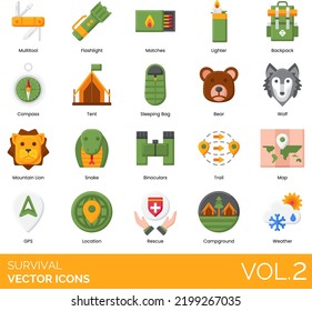 Survival Icons including Apocalypse, Avalanche, Backpack, Beanie, Bear, Binoculars, Bonfire, Building Fire, Campground, Carabiner, Celestial Navigation, Cell Phone, Collecting Water, Compass, Desert