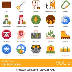 Survival Icons including Apocalypse, Avalanche, Backpack, Beanie, Bear, Binoculars, Bonfire, Building Fire, Campground, Carabiner, Celestial Navigation, Cell Phone, Collecting Water, Compass, Desert