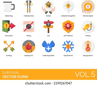 Survival Icons including Apocalypse, Avalanche, Backpack, Beanie, Bear, Binoculars, Bonfire, Building Fire, Campground, Carabiner, Celestial Navigation, Cell Phone, Collecting Water, Compass, Desert